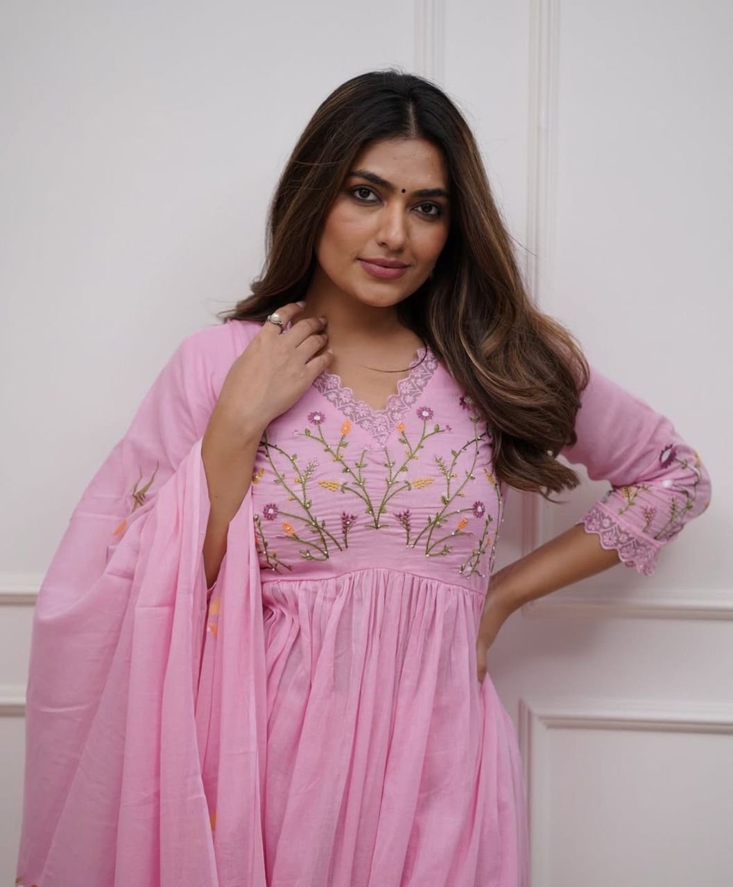 Cotton Embroidered Kurta Set with Malmal Dupatta